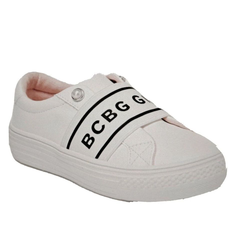 BCBG GIRLS White Large Logo Slip On Sneakers Pearl Details Sz 3 Like New